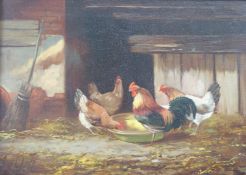 J Hill oil on canvas cockerel and hens feeding, 24 x 34cm