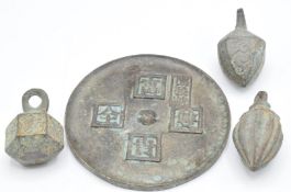 Chinese bronze mirror and three weights