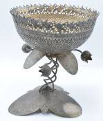 19thC Indian white metal Kashmiri/Srinagar pedestal centrepiece with embossed bowl raised on a