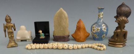 Indian bronze statue, two brass statues, Chinese crackle style vase and two soap stone carvings,