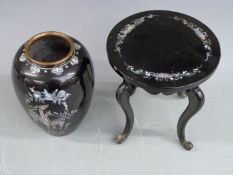 Chinese metal vase with applied mother of pearl cloisonné style decoration, raised on a lacquered