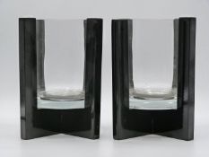 Pair of Art Deco style glass vases with black cross supports, 20.5cm tall.