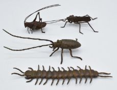 Four Japanese bronzes depicting insects, largest 15.5 x 3.5cm