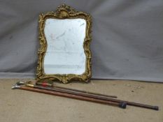 Shaped decorative mirror, 37 x 57cm, walking sticks etc