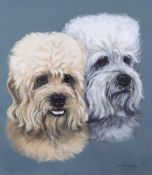 Bridget P Olerenshaw gouache portrait of two Dandie Dinmont dogs, signed and dated 64 lower right,