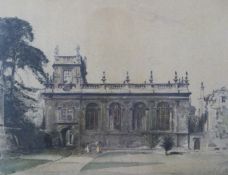 W Nicholson coloured print of Trinity College, Oxford, with Stafford Gallery label verso, 27 x 35cm