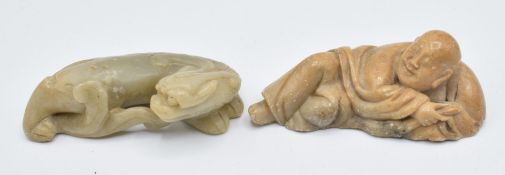 Two Chinese soapstone carving, one of a phoenix the other a reclining man, longest 7.5cm