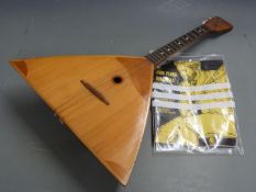 Russian made mid-century balalaika with parquetry decoration to table, label inside with number