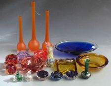 Twenty-nine pieces of decorative coloured glassware including vases, bowls etc, largest 36cm tall.