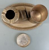 Chinese white metal paktong smoking set on stand, impressed mark to base, H9cm