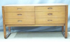 Uniflex retro/ mid century modern teak chest of six drawers with inset handles, W131 x D51 x H71cm