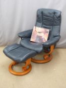 Stressless blue leather chair, footstool and swing table