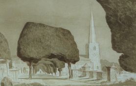 Oliver Heywood (1920-1992) watercolour Painswick churchyard with yew trees, 22.5 x 37cm