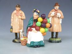 Three Royal Doulton character figures The Shepherd, Lambing Time and The Old Balloon Seller, tallest