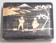 Japanese photograph album with shibayama lacquer covers, the hand coloured photographs including