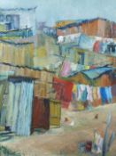 M Redfern two acrylics on board, one of washing day on a hillside with chickens and another a