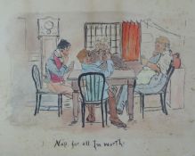 Three 19thC Cecil Aldin style humorous/ bawdy watercolours 'Just Time For One Card Playing' 'Nap For