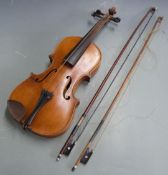 Violin c1920 and two bows, all unlabelled, the violin with 35cm two-piece back, in original case