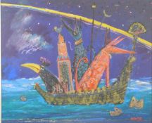 Patrick Howse (British) mixed media 'The Harlequins' and whimsical scene of animals in a boat '
