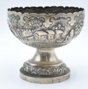 Indian or Burmese white metal pedestal bowl with embossed decoration of oxen and people on