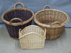Two wicker log baskets and another for kindling, largest D60 x H42cm