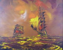 George R Deakins (1911-1982) acrylic on board seascapes sailing ships at sea, signed and dated 72