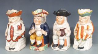 Four 19thC Toby jugs including sponge decorated, two Punch, Ralph Wood style etc