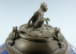 Chinese/Tibetan wine pourer with cloisonné, relief moulded animal, and faux hardstone surround