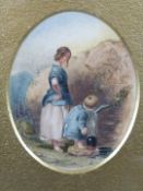 19thC miniature watercolour of a woman with child drinking from a spring, label verso 'att to
