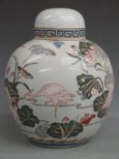 Chinese covered ginger jar decorated with cranes and other birds, 30cm tall.  COLLECTING