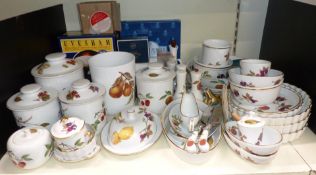 A collection of Royal Worcester Evesham pattern oven and tableware including boxed cutlery,