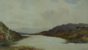 Attributed to John Slater watercolour Scottish loch scene, 21 x 37cm, with label verso