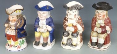 Four 19thC Toby jugs in Ralph Wood style, snuff taker, foaming quart, sponged decoration etc,