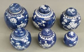 Set of six graduated blue and white Chinese prunus flower ginger jars, largest 15cm