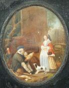 19thC miniature watercolour after Gabriel Metsu The Game Seller, indistinctly signed to lower
