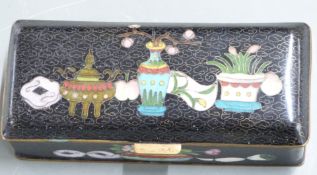 An early 20thC Chinese cloisonné rectangular box decorated with auspicious symbols, W13 x D5.5 x