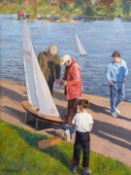 Robert Brandt (British Contemporary) oil or acrylic on board 'Yachtsmen' of figures with model boat,
