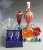A collection of decorative glassware including a Murano lamp, signed clear glass lozenge shaped
