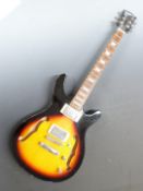 Semi acoustic strat guitar with humbuckers, lacquered flame maple back and table with 