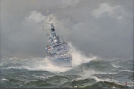 John Hamilton (1919-1993) oil on board seascape Royal Navy frigate F14 in stormy sea, signed lower