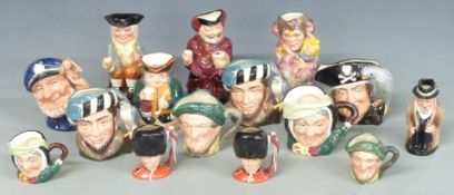 A collection of Royal Doulton small character and Toby jugs including Jester, Winston Churchill, two