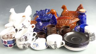 Portmeirion egg crocks, covered casserole dish, oversized teaware including Reddington's, Meridian