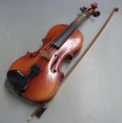 German violin c1900 labelled Antonius Stradivarius with 34cm two piece flame back, together with