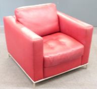 Poltrona Frau modern red leather armchair with brushed stainless steel base