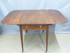Georgian mahogany drop leaf table with brass ring handled drawer to one end raised on tapering legs,