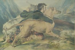 19thC print of deerhounds ready to chase, after C Hancock, in rosewood frame, 63 x 82cm overall