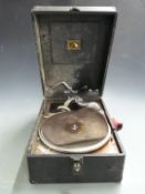 His Master's Voice c1930s portable wind up gramophone in black Rexine finish