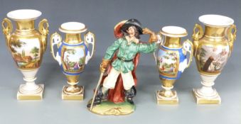 Two pairs of 19th/20thC Continental vases and a Continental figure of Cyrano de Bergerac