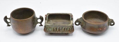 Three Japanese bronze censers, marked to bases, tallest 5cm
