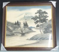 Pair of Japanese silk pictures of Mount Fuji / river scenes, each 48 x 53cm, in gilt and oak frames